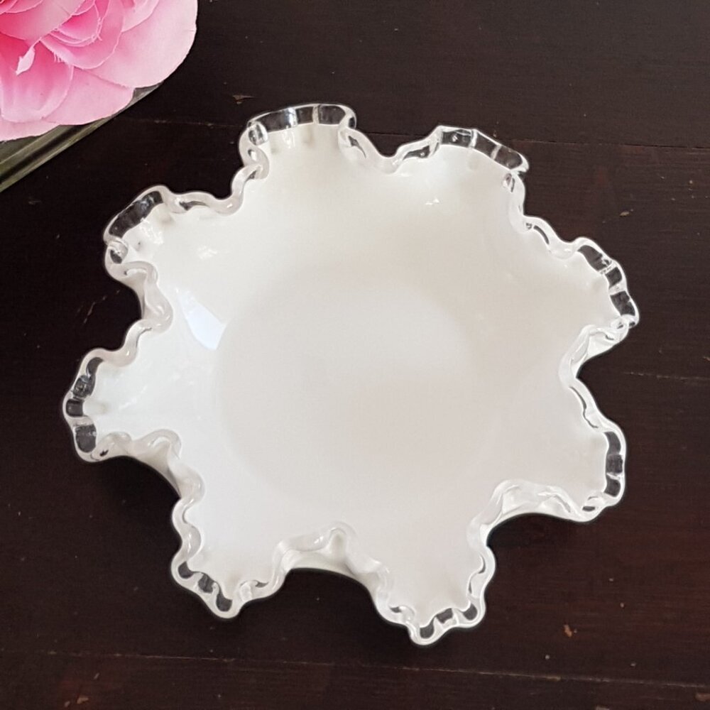 Fenton Silver Crest Milk Glass Candy Dish with Clear Ruffled Rim
